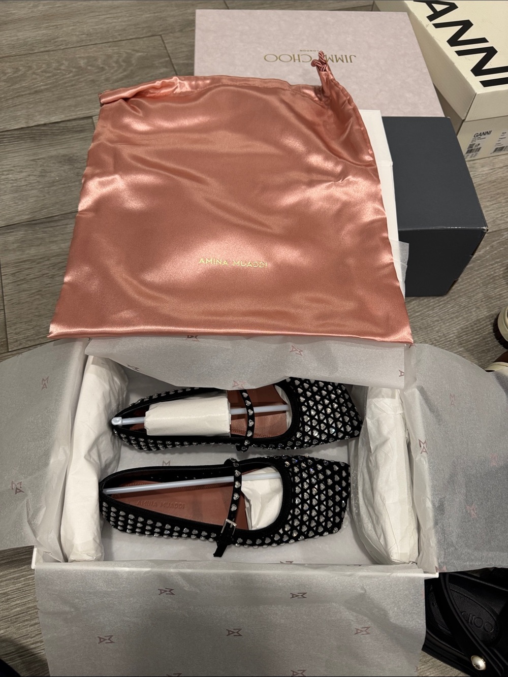 Amina Muaddi Black Studded Mesh Mary Jane Flats